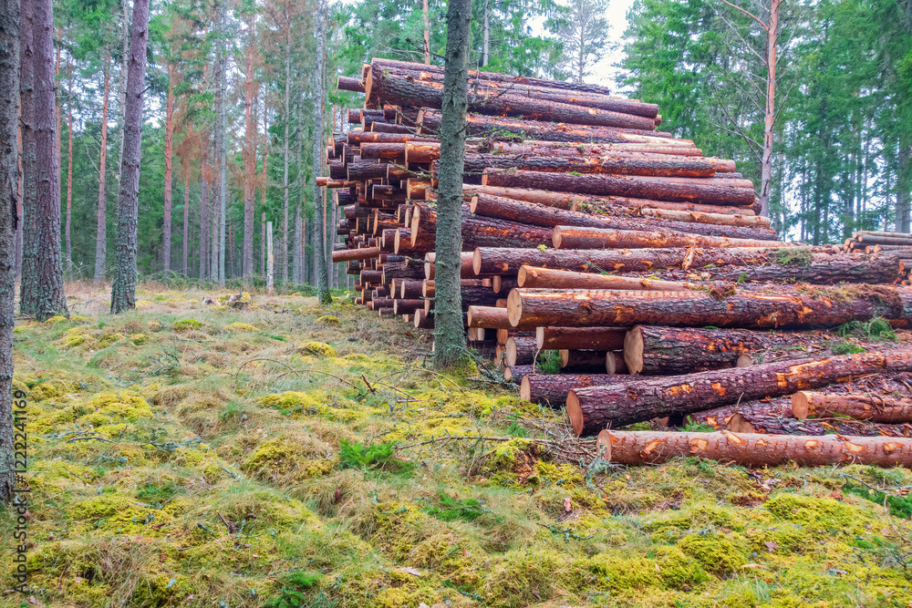 Coniferous forest with stacked timber logs Coniferous forest with stacked timber logs