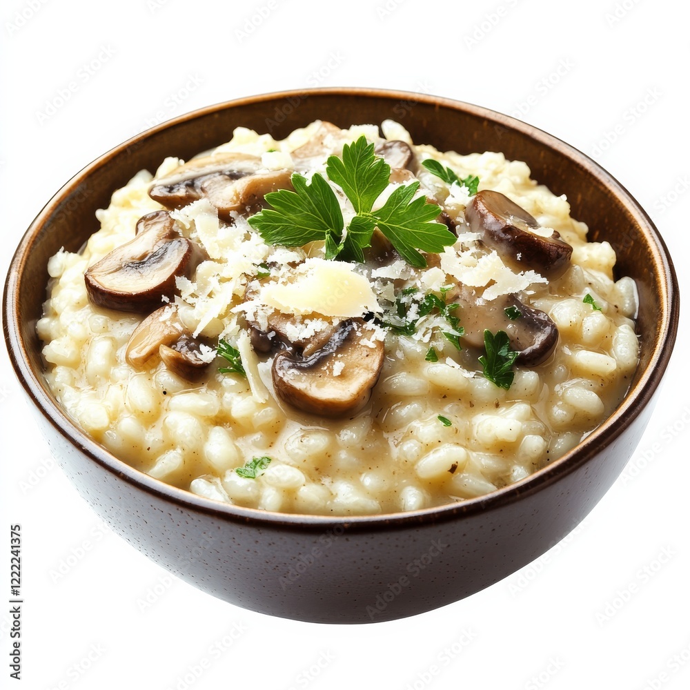 A bowl of creamy mushroom risotto with parmesan cheese, isolated white background, minimalist art style A bowl of creamy mushroom risotto with parmesan cheese, isolated white background, minimalist art style