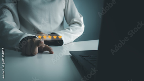 Satisfaction concept of customer, express their opinions, answers and satisfied scores, client is satisfied with pressing 5 stars icon, excellent service, good feedback from user