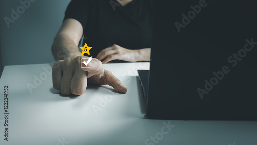 Satisfaction concept of customer, express their opinions, answers and satisfied scores, client is satisfied with pressing 5 stars icon, excellent service, good feedback from user