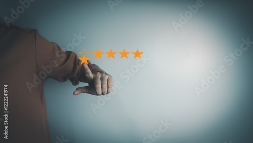 Satisfaction concept of customer, express their opinions, answers and satisfied scores, client is satisfied with pressing 5 stars icon, excellent service, good feedback from user