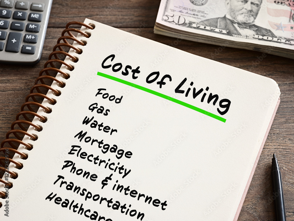 Fototapeta premium Cost of living increasing, expenses list on notebook with calculator and us dollars