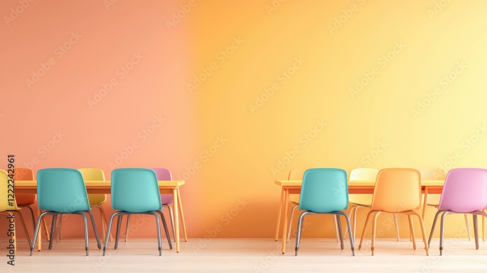 Fototapeta premium Modern Classroom with Desks and Chairs Bright, modern classroom with colorful desks and chairs, organized and ready for learning.