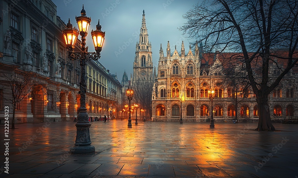 Fototapeta premium Matthias Church illuminated at dusk, Budapest, Hungary. Wet cobblestones reflect warm lamplight