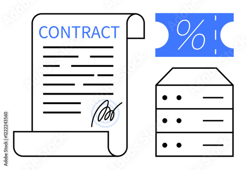 Contract with detailed text and signature, a discount coupon with a percentage symbol, and a drawer with three handles. Ideal for business agreements, legal documents, contracts, discounts