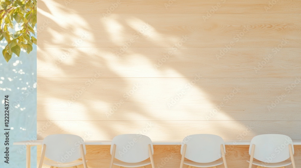 Fototapeta premium Modern Classroom with Desks and Chairs Minimalist modern classroom with white desks and chairs, clean and uncluttered aesthetic.