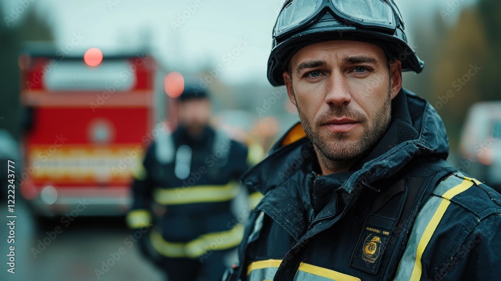 Firefighter Portrait in Action with Emergency Vehicles in Background Firefighter Portrait in Action with Emergency Vehicles in Background