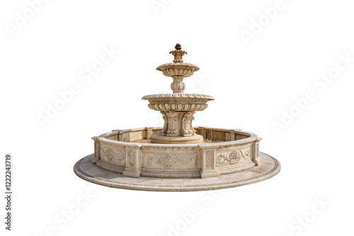 Elegant tiered fountain adorned with ornamental carvings and floral motifs, set in a stone circular base, designed for a classic garden setting, isolated on a transparent background photo