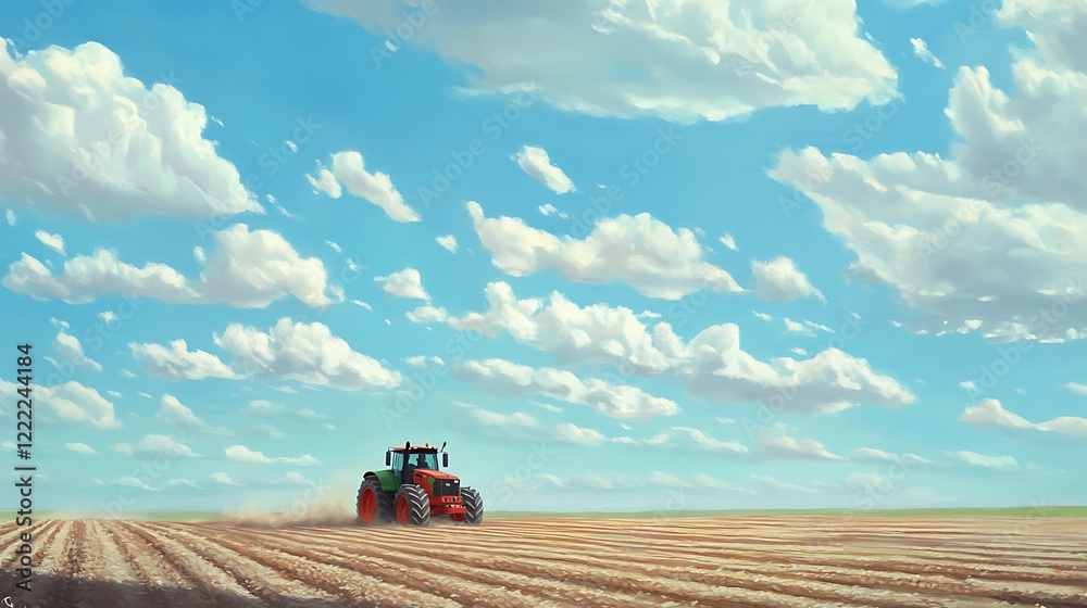 Naklejka premium Tranquil Tractor in Vast Field Under a Summer Sky