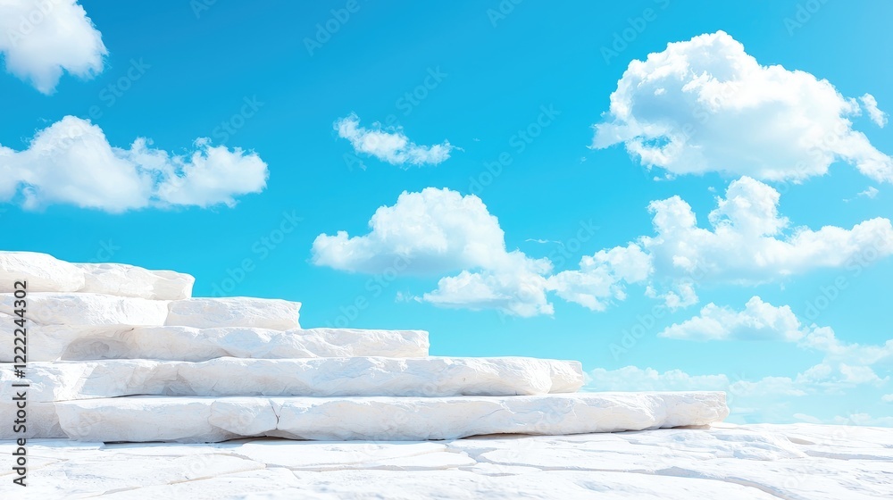 White stone steps against a blue sky; product display