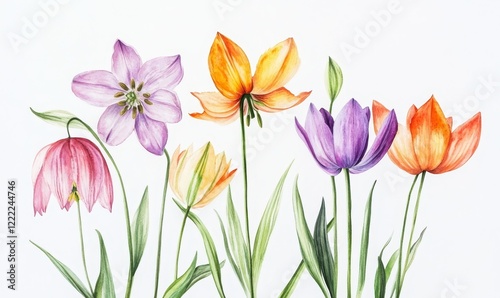 Colorful Watercolor Illustration of Fritillaria Meleagris Flowers on White Canvas - Botanical Art for Nature Lovers and Garden Enthusiasts, Generative AI