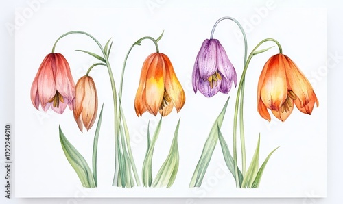 Colorful Watercolor Illustration of Fritillaria Meleagris Flowers on White Canvas - Botanical Art for Nature Lovers and Garden Enthusiasts, Generative AI