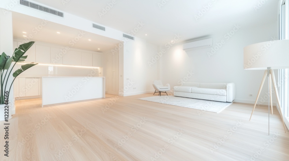 Fototapeta premium Living room Scandinavian Design Bright, airy living room with white walls, light wood floors, and minimalist furniture, Scandinavian inspired decor