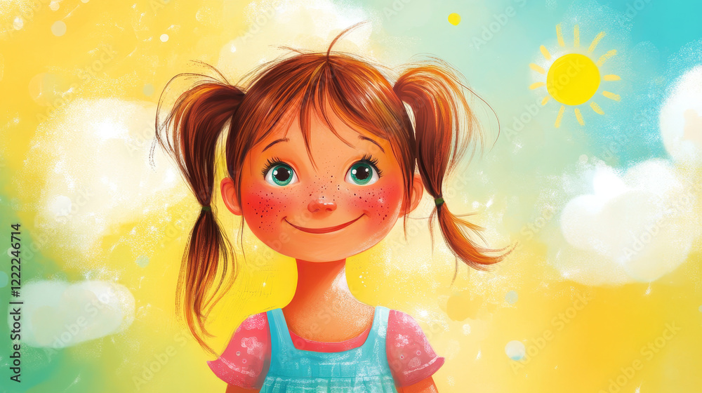 Cute girl face with freckles on background of summer landscape. Vector cartoon illustration of kid portrait, pretty baby or teen girl with two tails hairstyle