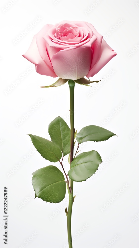 Fototapeta premium Single pink rose with delicate petals and leaves.
