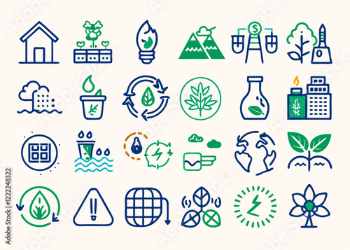 Set of  outline icons related to environment. Linear icon collection. Editable stroke. Vector illustration.