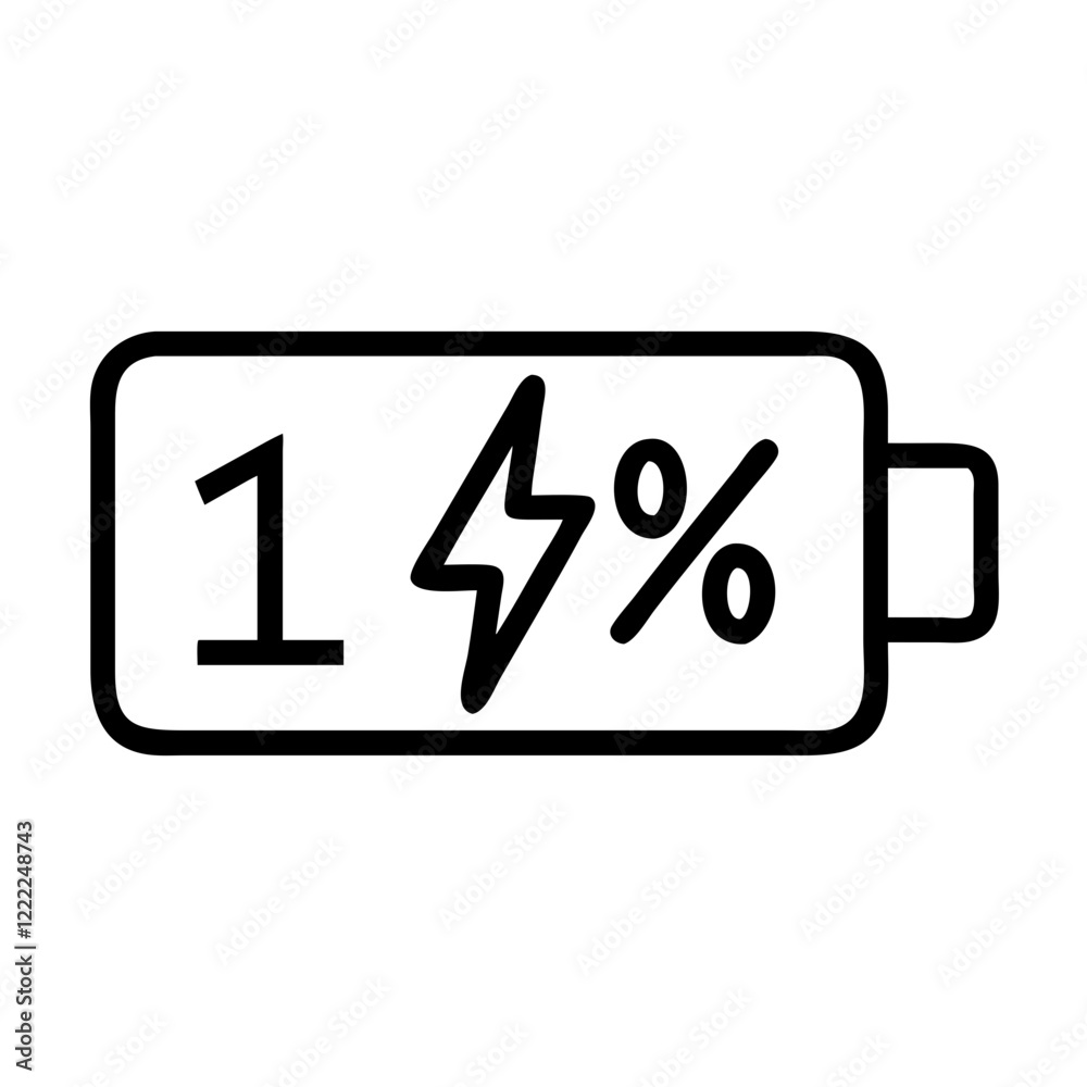 Low battery warning icon, 1% charge outline symbol, energy depletion concept Low battery warning icon, 1% charge outline symbol, energy depletion concept
