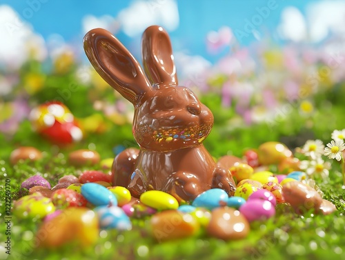 chocolate easter bunny amidst colorful eggs, soft light, spring ambiance photo