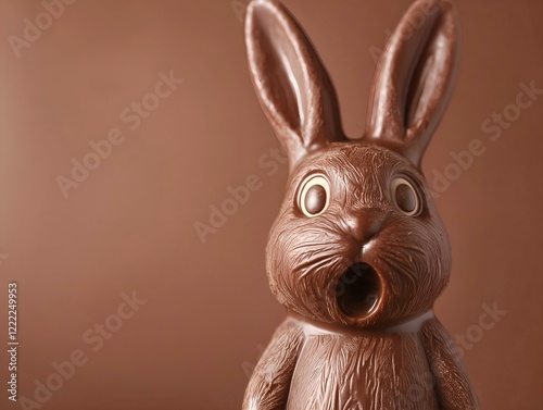 surprised milk chocolate easter bunny against a brown background