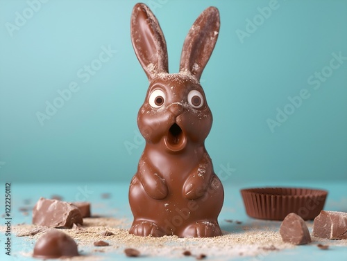 milk chocolate easter bunny with broken chocolate pieces, teal background