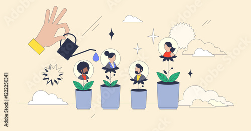 Developing talent through nurturing hands, featuring plants, people, and watering can. Neubrutalism hands concept