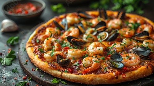 Seafood pizza with mussels, shrimps, prawns, and mussels photo