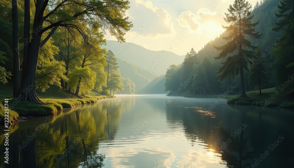 Obraz premium Breathtaking River Scenery: Lakeside Tranquility, Kayaking, Rafting, Trekking, Mountain Rivers, Golden Sunset Reflections