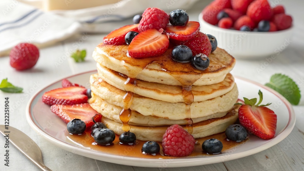 Stack of fluffy pancakes drizzled with syrup and topped with vibrant strawberries, blueberries, and raspberries for a healthy breakfast Stack of fluffy pancakes drizzled with syrup and topped with vibrant strawberries, blueberries, and raspberries for a healthy breakfast