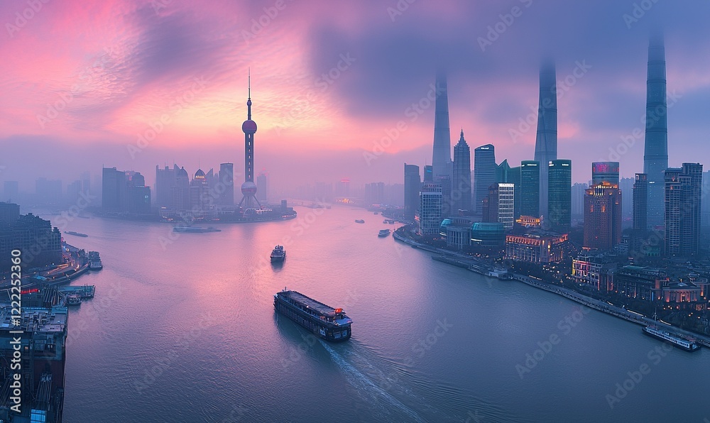 Obraz premium Shanghai skyline at sunrise with boat on river and misty cityscape