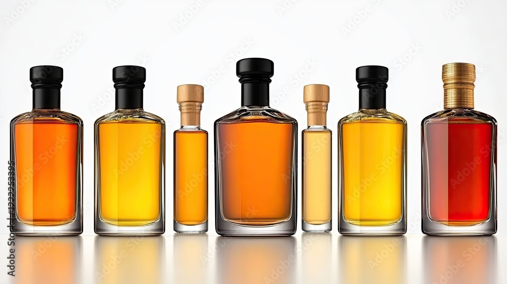 Artisan Bottles of Distilled Beverage with Rich Amber and Golden Hues on a Modern Countertop Artisan Bottles of Distilled Beverage with Rich Amber and Golden Hues on a Modern Countertop