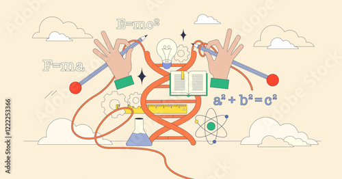 STEM education visual with hands holding tools, DNA strand, and formulas. Neubrutalism hands concept