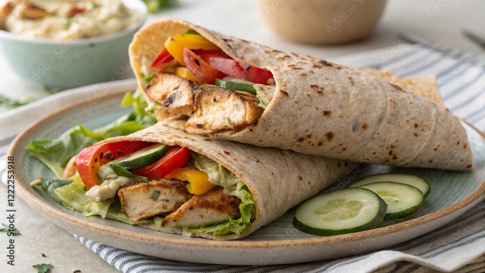 Grilled chicken whole grain wrap filled with fresh vegetables for a healthy meal option Grilled chicken whole grain wrap filled with fresh vegetables for a healthy meal option