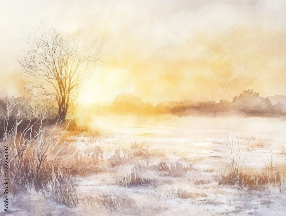 Fototapeta premium Golden Winter Sunrise Over Frosty Landscape 