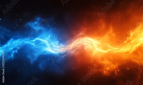 Vibrant Orange and Blue Smoke Cloud in Abstract Misty Atmosphere Fusion, Evocative Colorful Fog Ambiance, Artistic Vapor Swirling, Dramatic Cinematic Background Concept, Generative AI