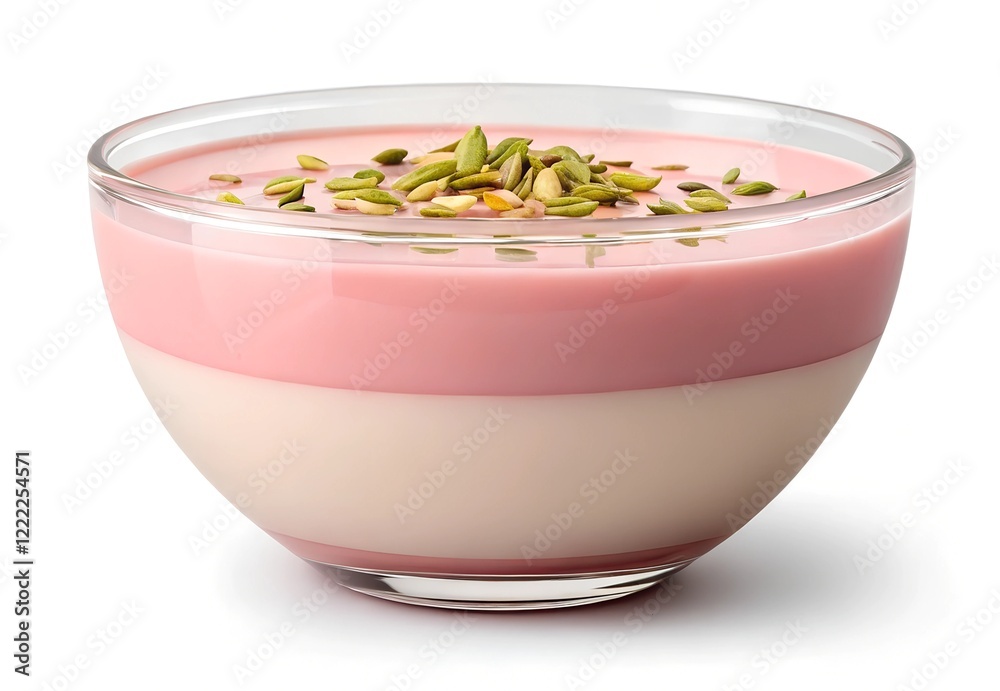 A layered Persian rosewater pudding, elegantly presented in a glass bowl. Topped with green pumpkin seeds, the pink and white layers create a visually appealing dessert perfect for culinary projects. A layered Persian rosewater pudding, elegantly presented in a glass bowl. Topped with green pumpkin seeds, the pink and white layers create a visually appealing dessert perfect for culinary projects.