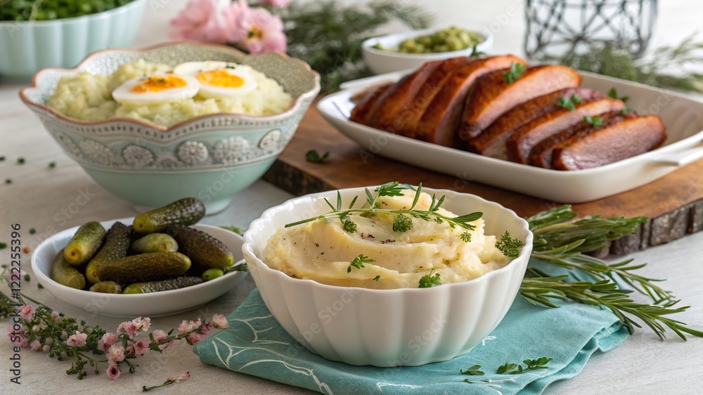 Delicious Easter side dishes featuring creamy mashed potatoes, savory ham, and assorted pickles presented on a festive dining table Delicious Easter side dishes featuring creamy mashed potatoes, savory ham, and assorted pickles presented on a festive dining table