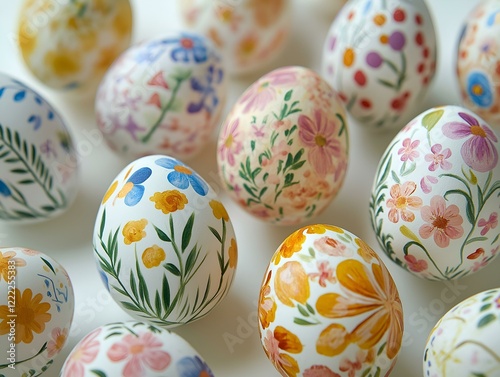 easter eggs with multicolored floral patterns, close-up shot, bright lighting photo