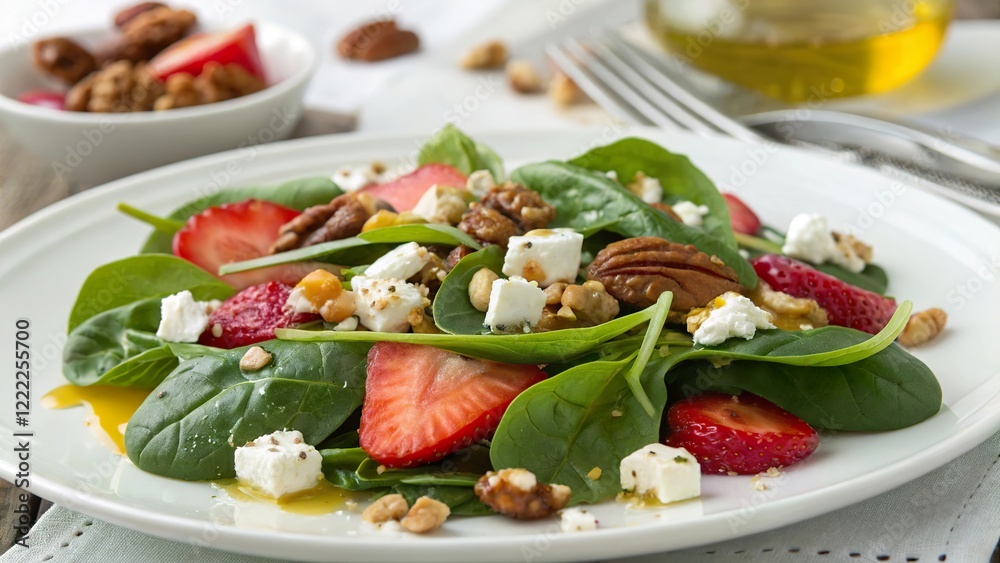 Fresh spinach and feta salad with toasted nuts and strawberries for a healthy meal option Fresh spinach and feta salad with toasted nuts and strawberries for a healthy meal option