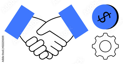 Two hands shaking signify agreement and cooperation, alongside a dollar sign highlighting financial focus and a gear symbolizing operational efficiency. Ideal for business, teamwork, finance