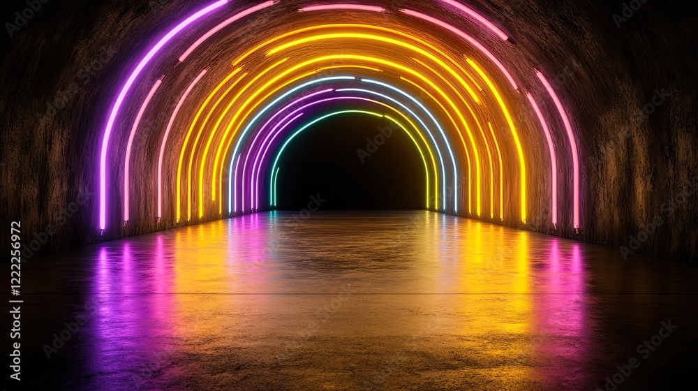 Fototapeta premium Colorful Neon Light Tunnel with Vibrant Reflections in a Dark Setting