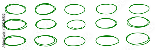 Outline green approved oval circle scribble charcoal pencil pastel oval circles comic sketch doodles. Hand drawn marker pen highlight illustrations.