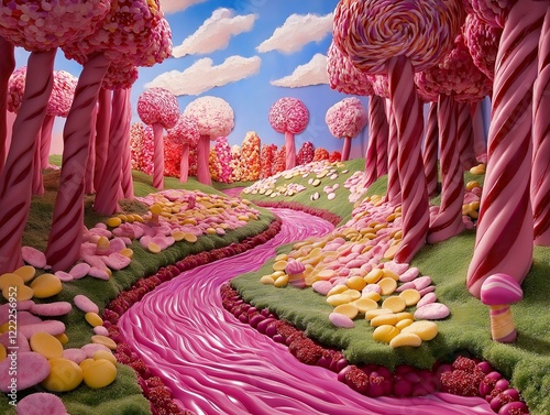candy landscape, whimsical scene, vibrant colors, sweet treats, candy river
