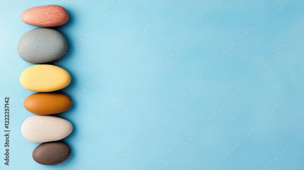 Colorful Smooth Stones Arranged on a Light Blue Background in a Minimalist Design Colorful Smooth Stones Arranged on a Light Blue Background in a Minimalist Design