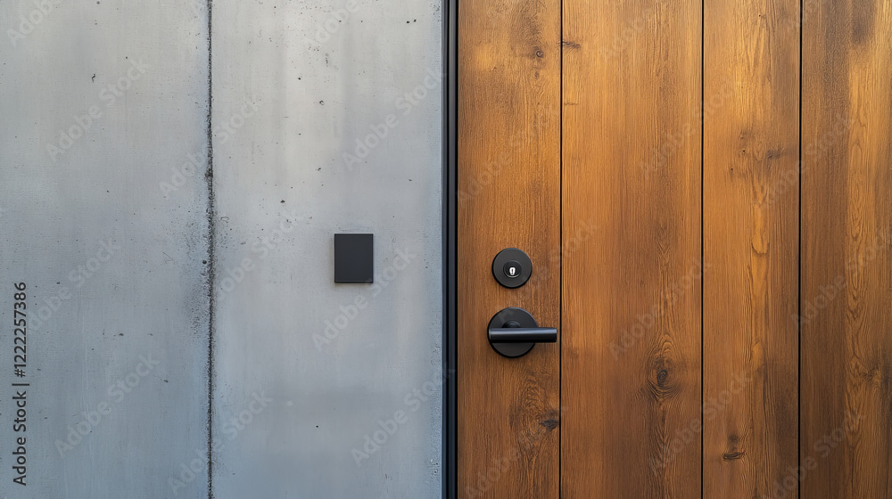 Wooden door on empty wall background. Vector realistic illustration of modern room interior design, light brown doorway with black doorknob, home, office, shop corridor, classic architecture template