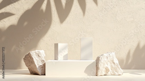 Minimalist Product Display with White Boxes and Natural Stone