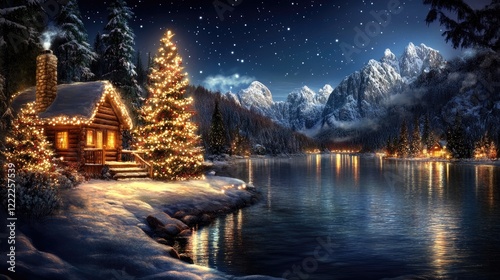 Cozy Log Cabin with Christmas Lights by a Snowy Lake Under a Starry Winter Night Sky
