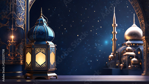 background decoration with luxurious lantern style, ramadhan kareem, maulid, breaking fast, isra miraj, eid al fitr adha photo