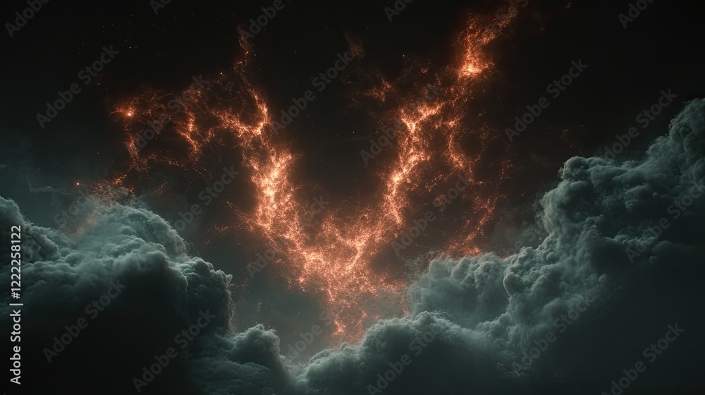 Fototapeta premium Dramatic Fiery Glow Emanating from Clouds Against Dark Cosmic Sky