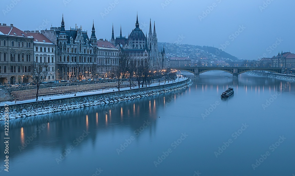 Naklejka premium Snowy Budapest cityscape at dusk Parliament, Danube River, bridge, boat