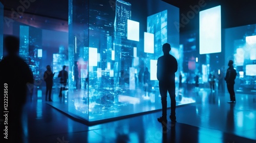 A futuristic art gallery where NFT creations are displayed interactive holograms